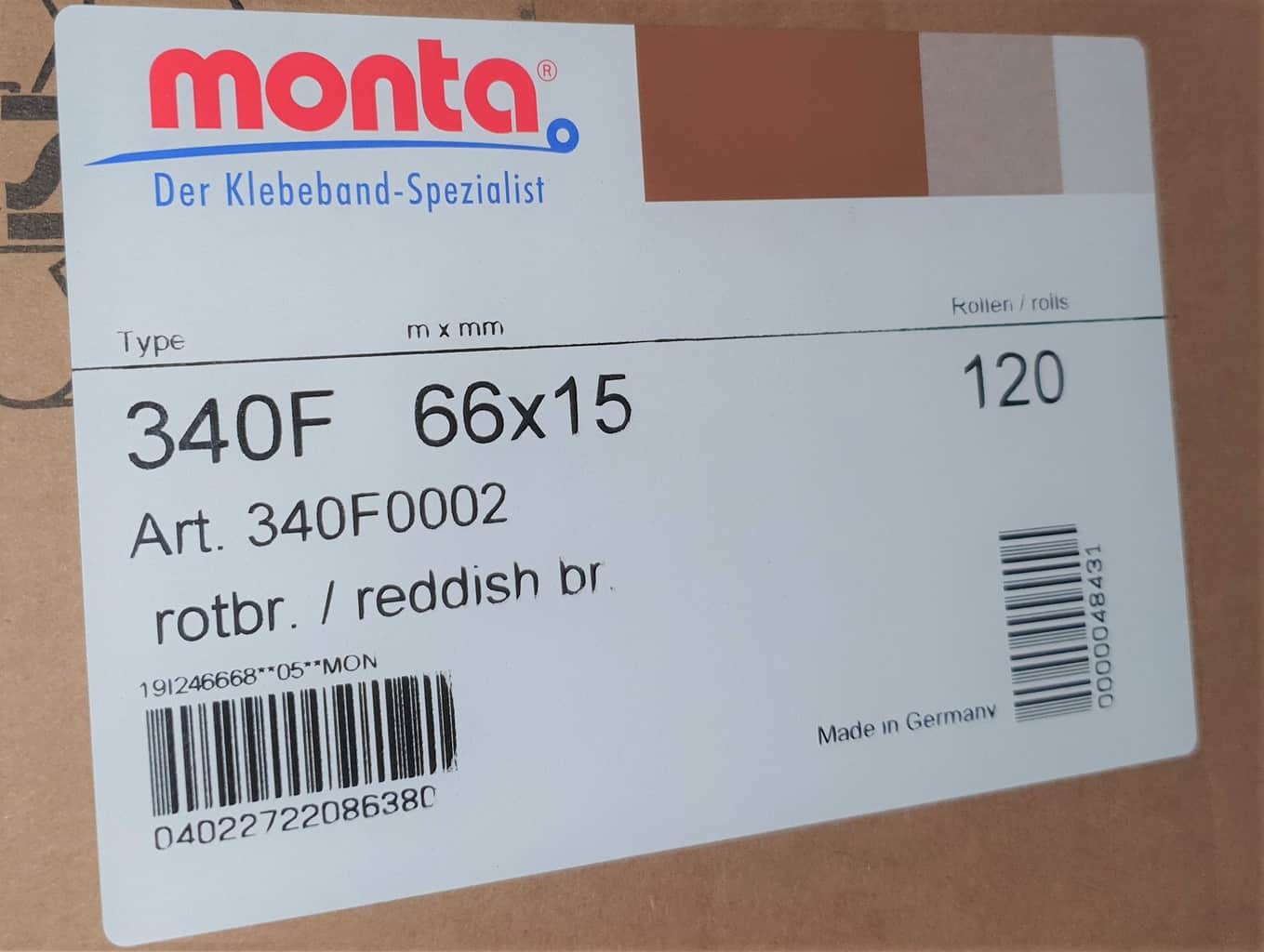 Monta Klebeband 340F / 15 mm x 66 lfm. / Rot-braun – Bild 2